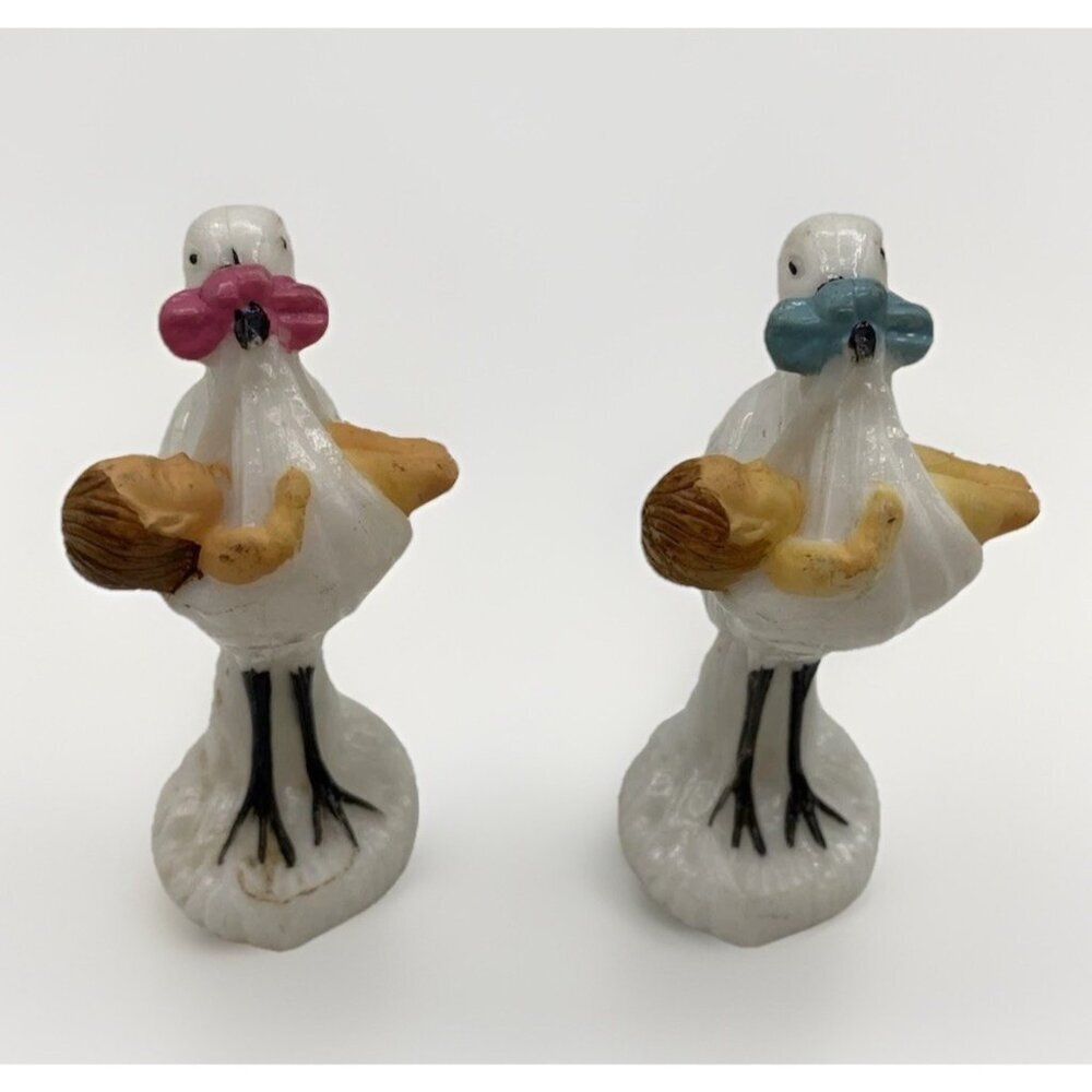 Pair of Vintage 1950s Stork Cake Toppers Pink Blue Celluloid Baby Shower